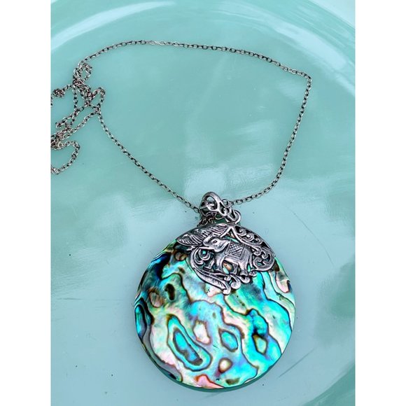 Vintage Abalone Shell Pendant 925 Silver With Elephant BOHO - Picture 2 of 9